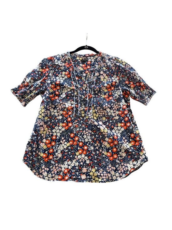 Talbots Tops - Talbots Ruffle Trim Top L Womens Navy Blue Floral  Cotton Short Sleeve Blouse